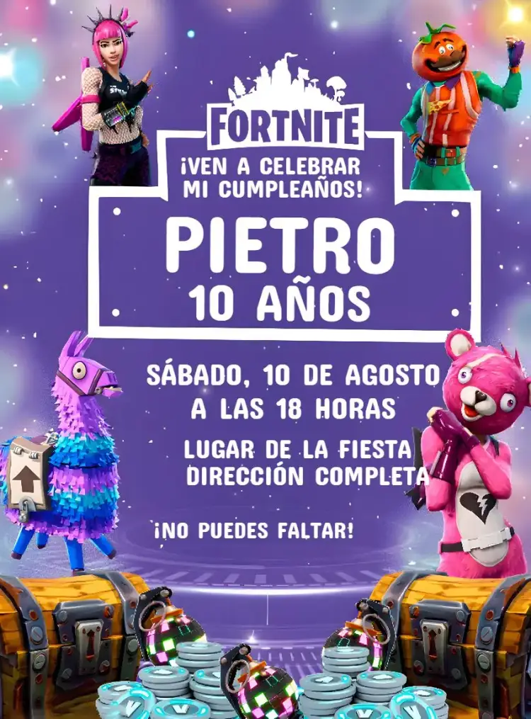 Invitación Fortnite Blanco – tema Más buscados jugador, moderno, divertido, colorido, temático, deportivo