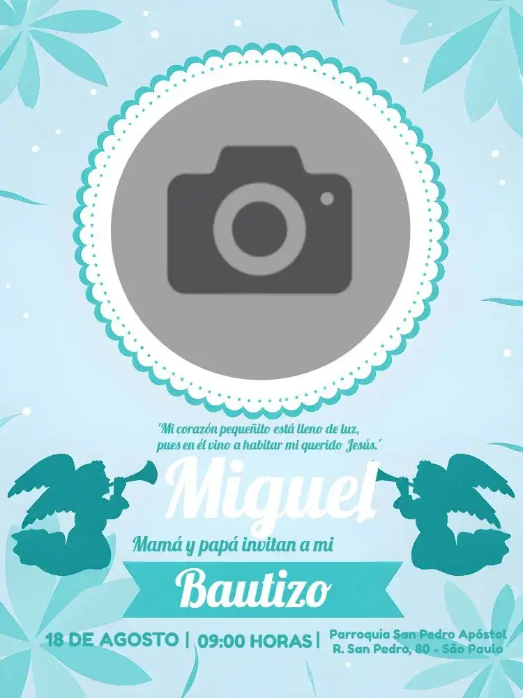 Invitación Bautismo Con Foto Niño – tema Bautismo azul, verde, ángeles, moderno, delicado, infantil