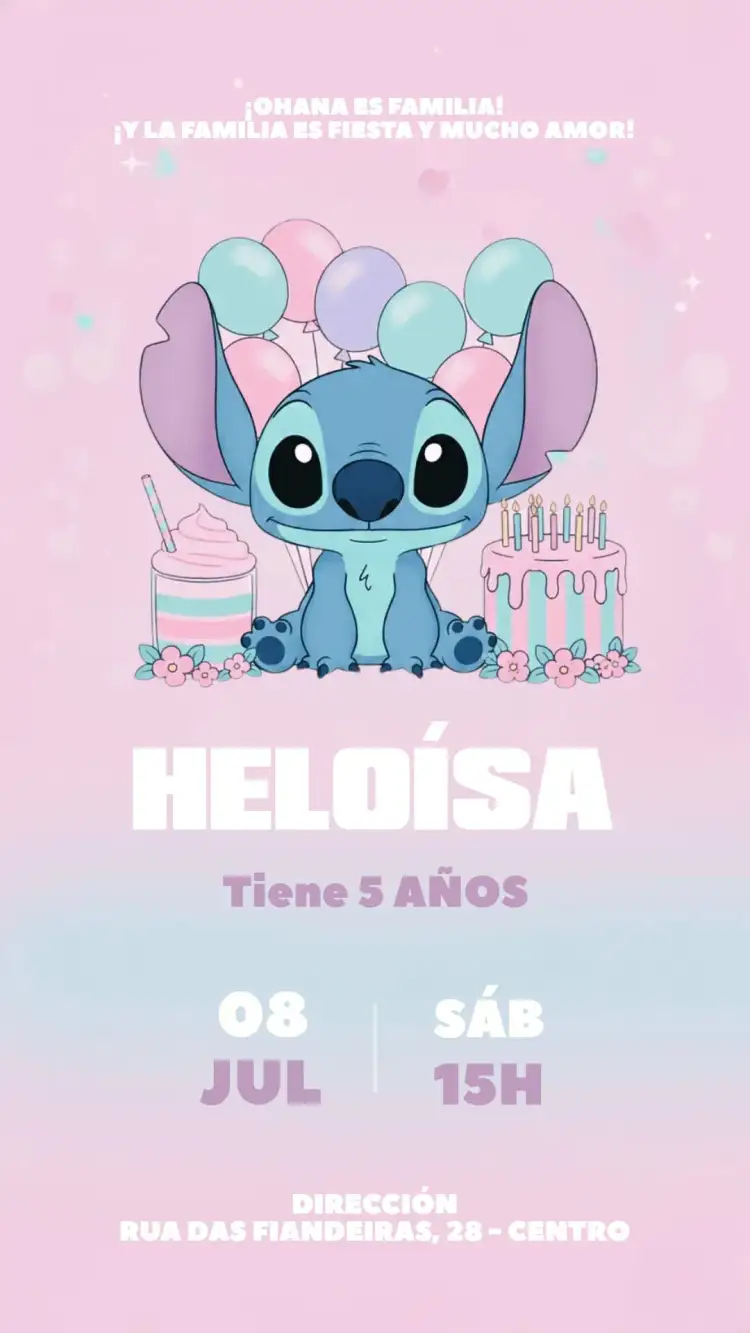 Invitación Invitación Digital Stitch – tema Cumpleaños Infantil colores vibrantes, estilo lúdico, elementos de fiesta, dulces y globos, femenino y divertido
