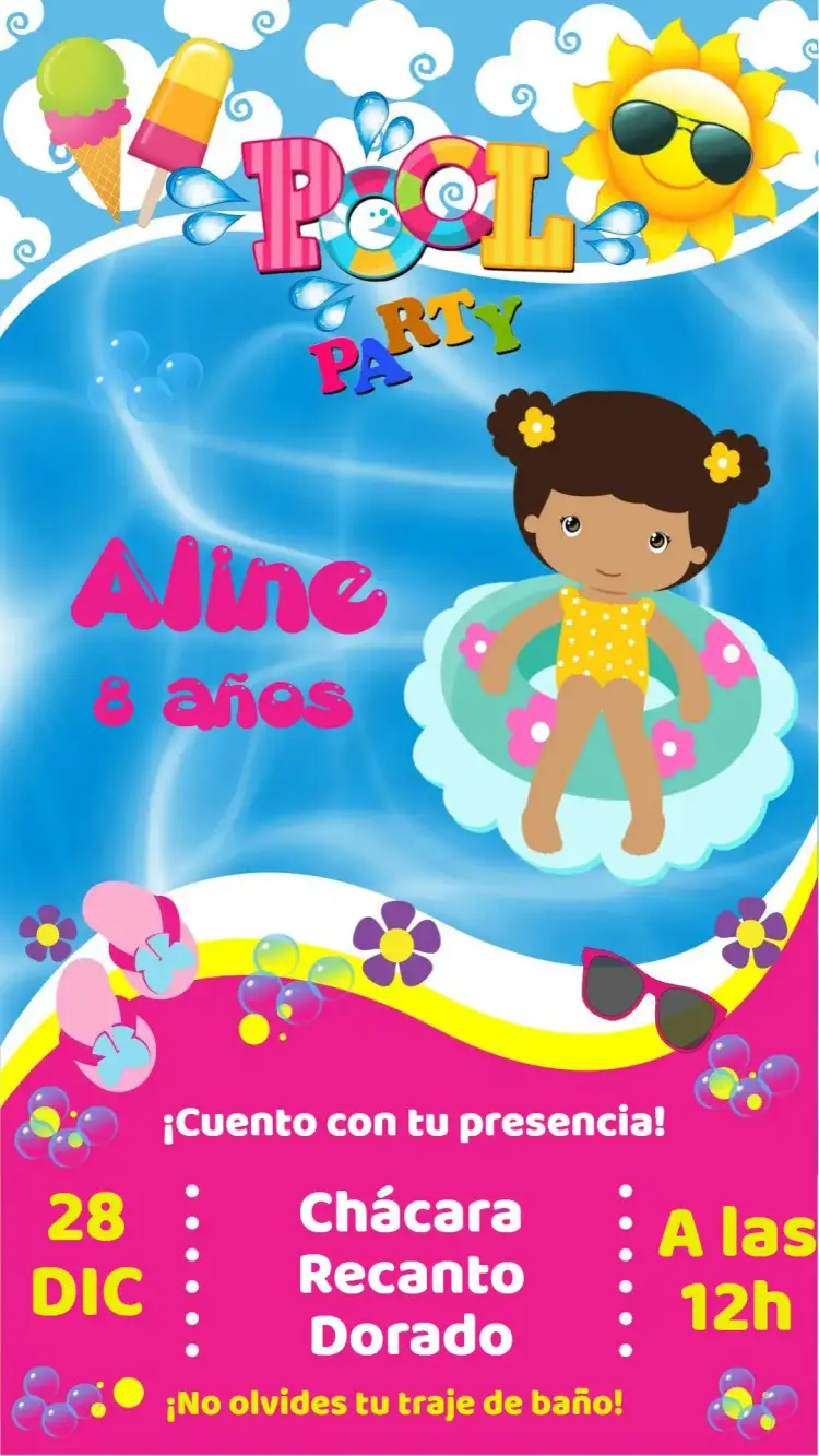 Invitación Fiesta en la Piscina – tema Cumpleaños verano, tropical, colores vibrantes, elementos acuáticos, divertido, alegre