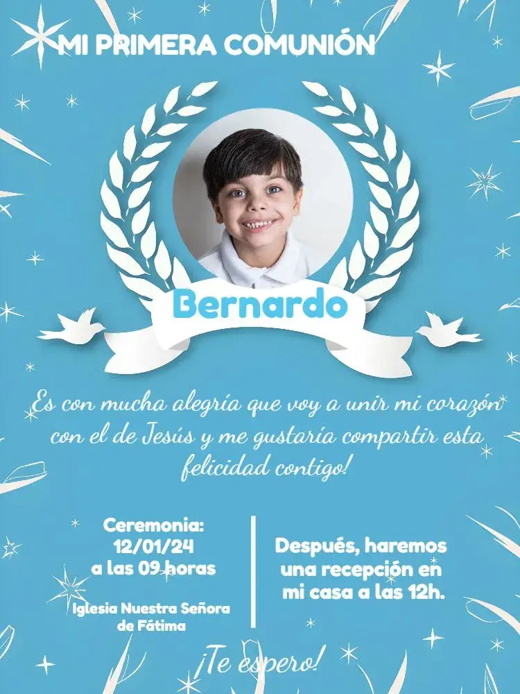Invitación Primera Comunión Azul Con Foto Bautismo editable y personalizable