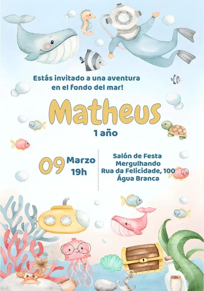 Invitación Fondo Del Mar Acuarela Infantil