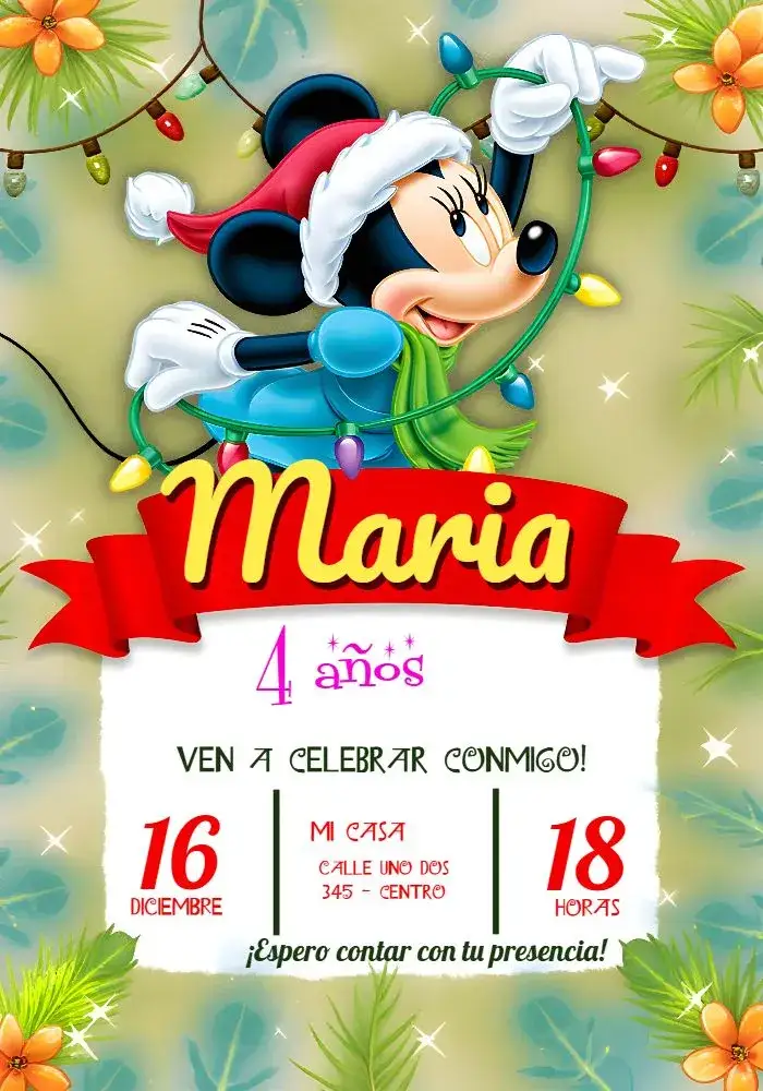 Invitación Minnie Mouse Navidad Verde – tema Fechas Conmemorativas navideño, colorido, infantil, temático, divertido, festivo