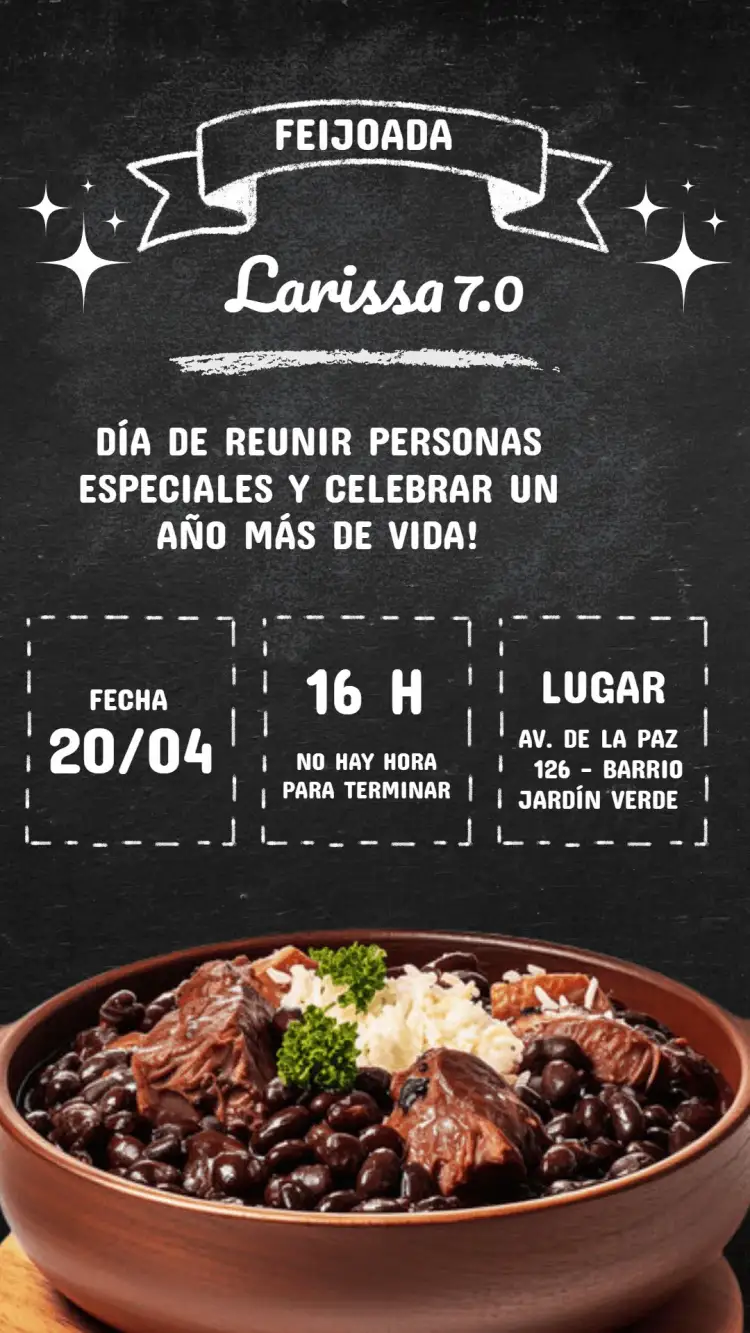Invitación Pizarra Negra Feijoada Adulto – tema Cumpleaños rústico, divertido, minimalista, pizarra, interactivo, colorido