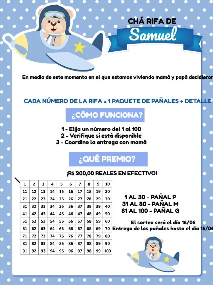 Invitación Té Rifa Osito Aviador Marino – tema Té Rifa azul, azul marino, blanco, amarillo, lúdico, infantil