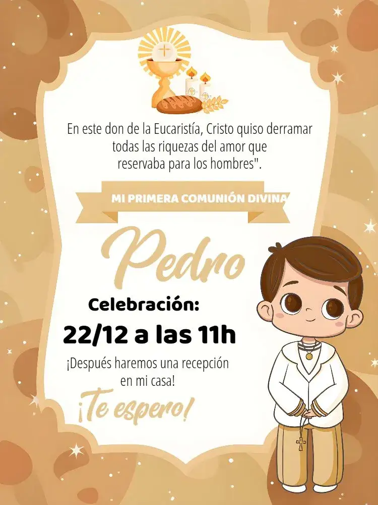 Invitación Primera Comunión Niño Iglesia Eucaristía – tema Primera Comunión pastel, religioso, infantil, minimalista, alegre, suave