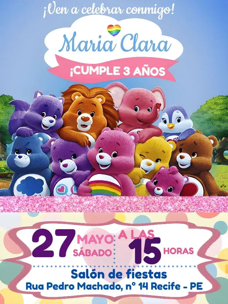 Invitación Ositos Cariñosos Blanco – tema Cumpleaños Infantil colores suaves, elementos infantiles, estilo lúdico, globos de colores, ilustraciones adorables