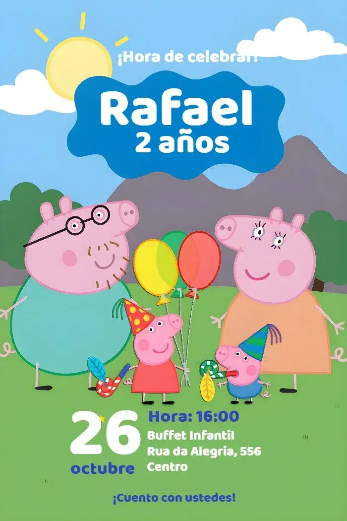 Invitación Peppa Pig Niño – tema Más buscados azul, divertido, infantil, colorido, temático
