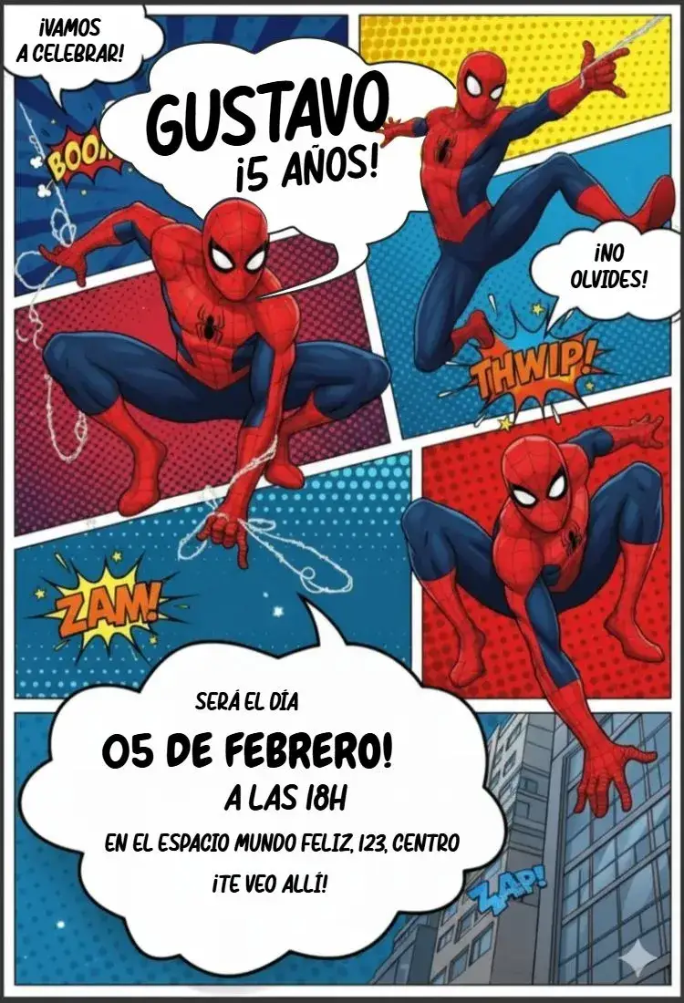 Invitación Spider-Man Comic Book – tema Cumpleaños Infantil colorido, temático, moderno, aventurero, de cómics