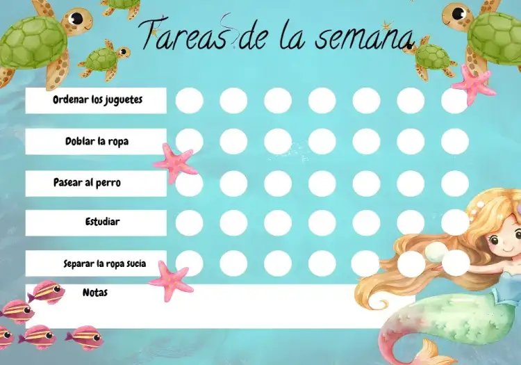 Invitación Tablero de Actividades - Incentivo de Sirenas – tema Cumpleaños Infantil fondo marino, sirenas, colores vibrantes, elementos gráficos acuáticos, mágico, divertido