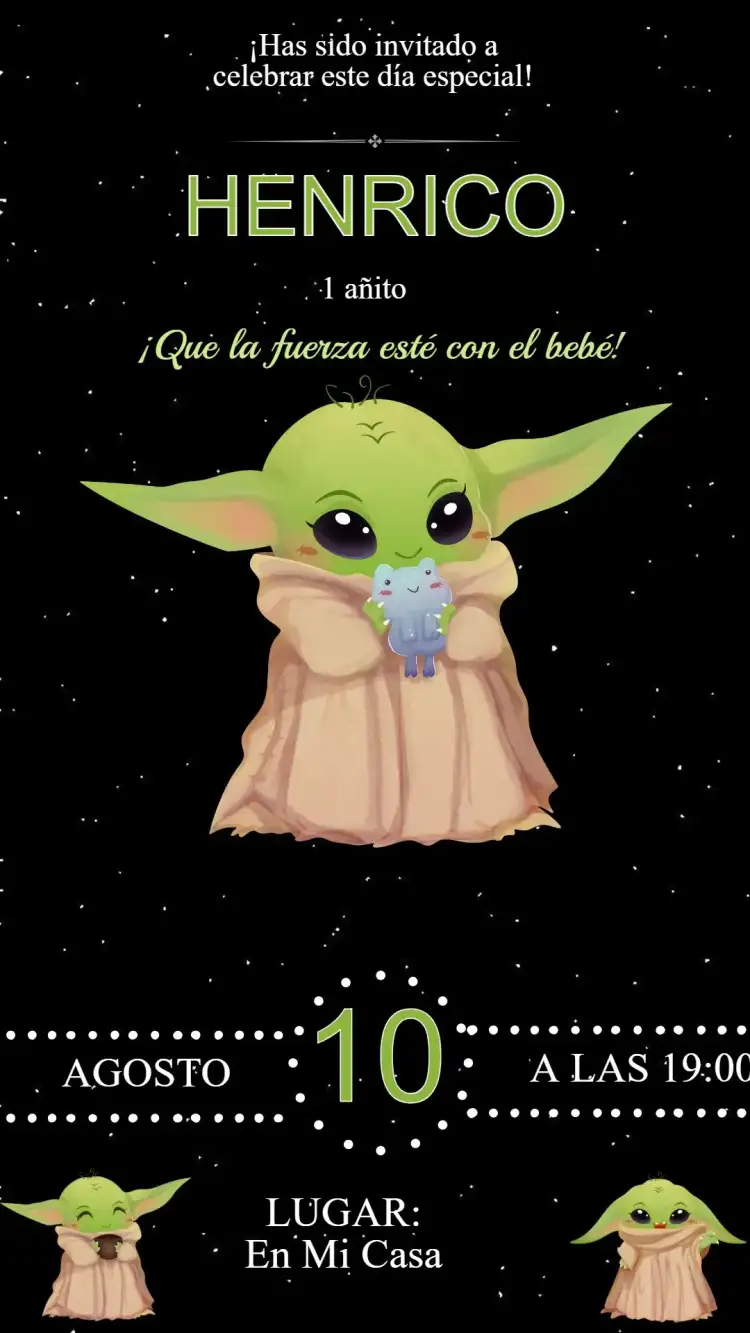 Invitación Invitación Cumpleaños Baby Yoda – tema Cumpleaños Infantil tema de Star Wars, colores suaves, elementos gráficos divertidos, estilo moderno, diseño lúdico, temática infantil