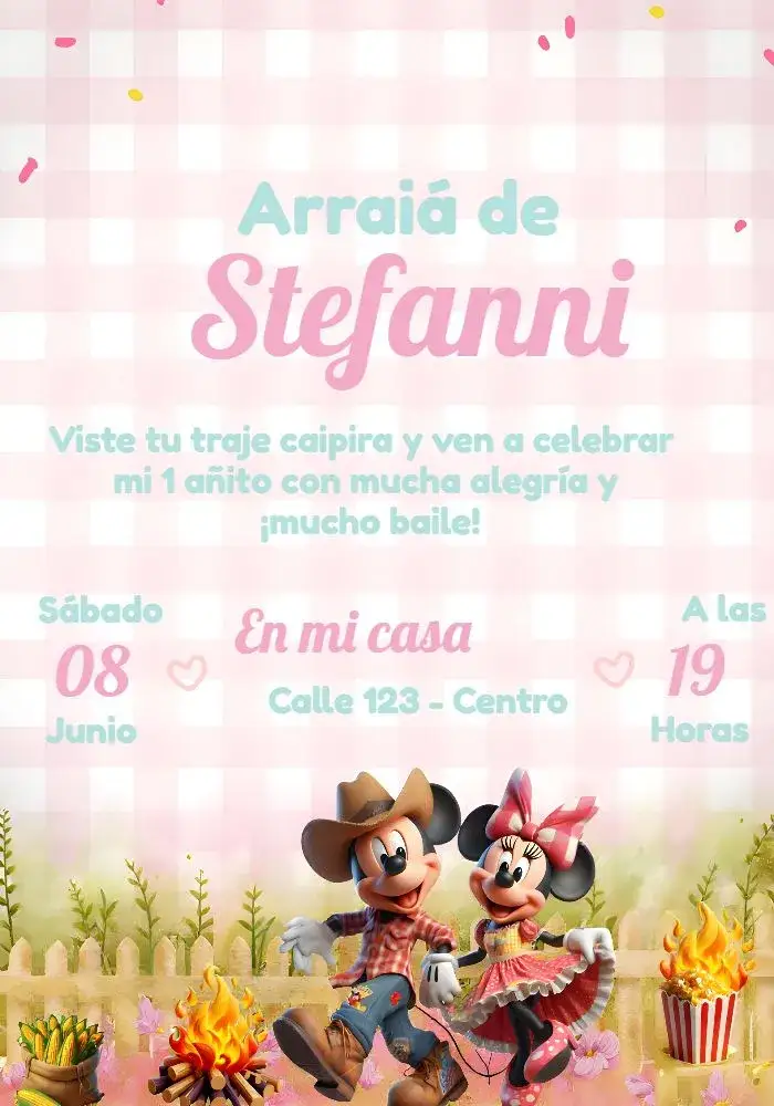 Invitación Arraial Mickey Mouse Minnie – tema Fechas Conmemorativas junino, colorido, divertido, infantil, temático, caipira