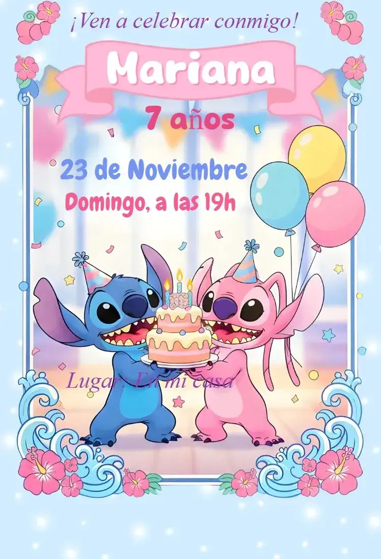 Invitación Invitación digital Stitch y Angel – tema Cumpleaños kawaii, colorido, divertido, moderno, infantil
