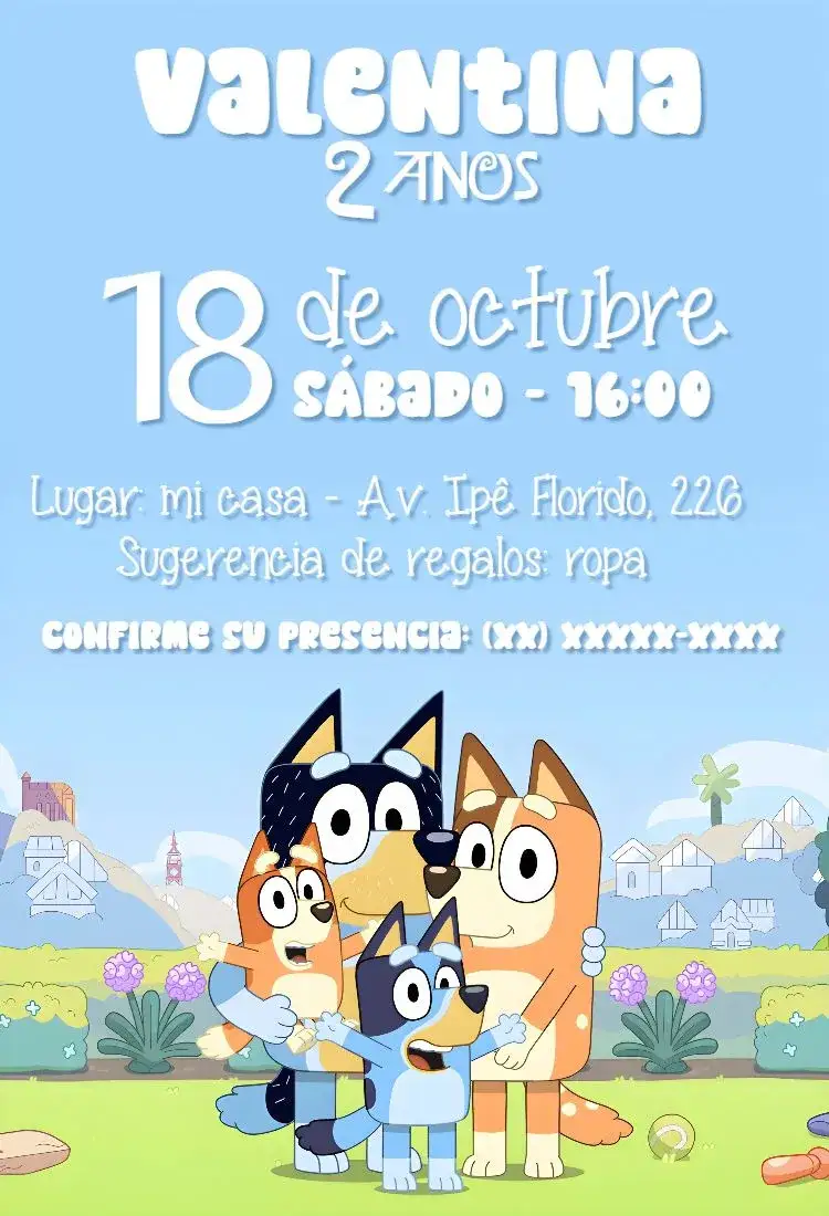 Invitación Bluey & Bingo – tema Cumpleaños Infantil colores vibrantes, estilo lúdico, elementos gráficos divertidos, azul y amarillo, diseño infantil, ilustraciones de animales