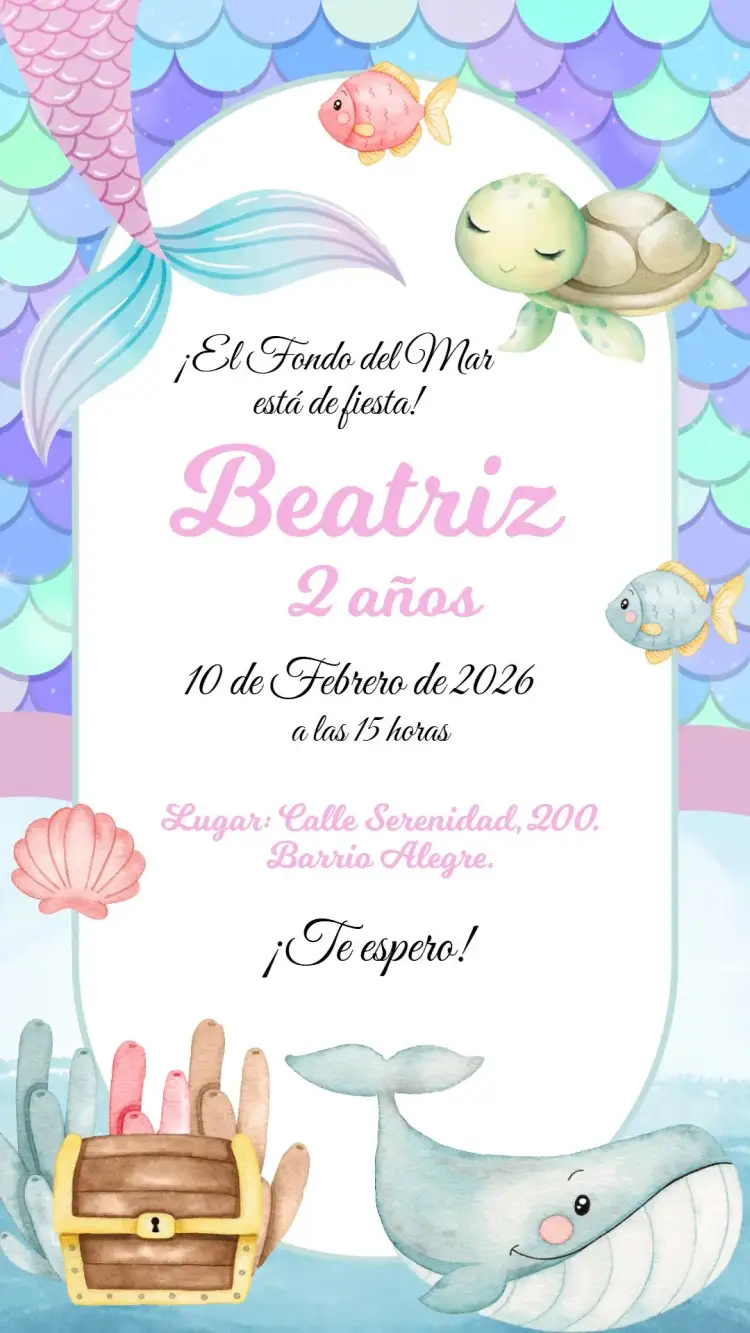 Invitación fondo del mar niña – tema Cumpleaños Infantil azul marino, colorido, de fantasía, sirena, divertido, lúdico