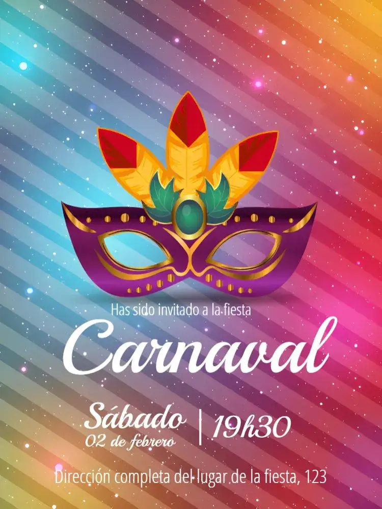 Invitación Carnaval Baile – tema Fechas Conmemorativas máscaras de colores, estilo alegre, tonalidades vibrantes, elementos alegóricos, diseño festivo, inspirado en el carnaval