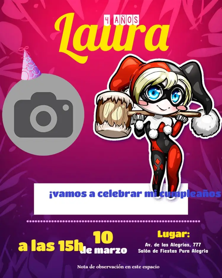 Invitación Arlequina Con Foto Alice