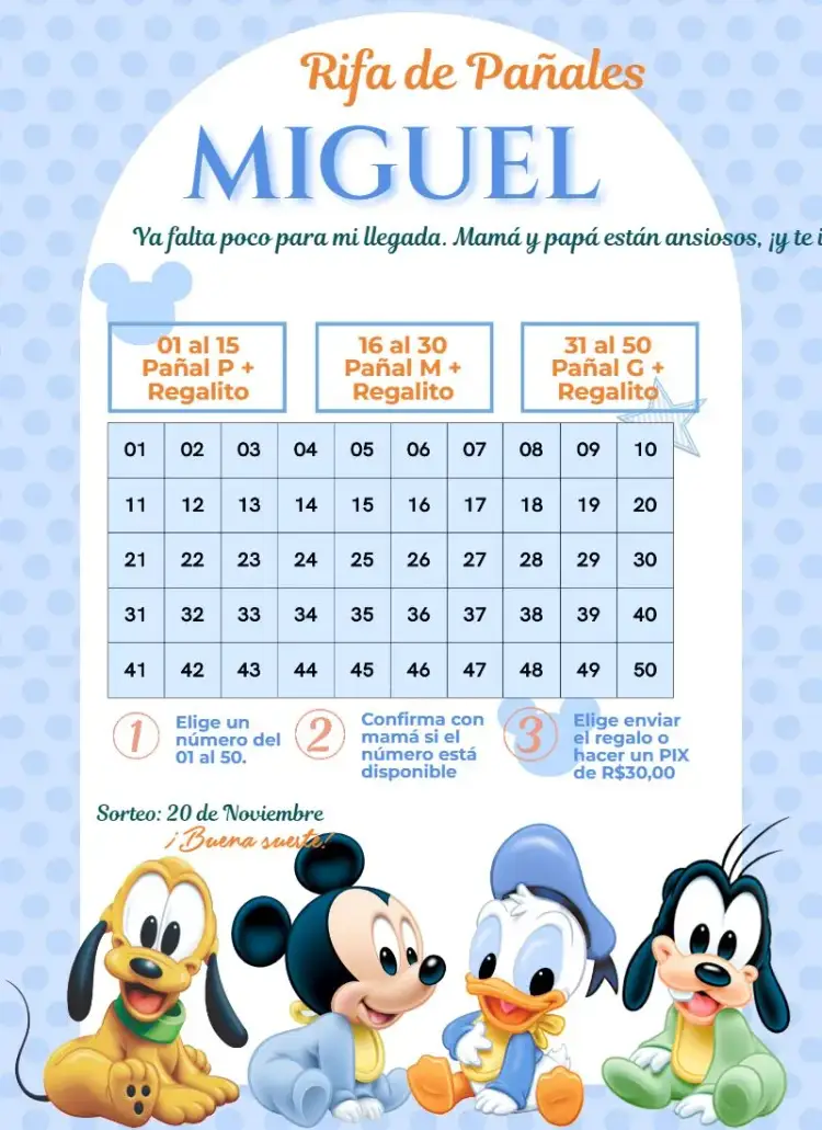 Invitación Mickey Donald Goofy Baby – tema Té Rifa azul, Disney, infantil, divertido, lúdico