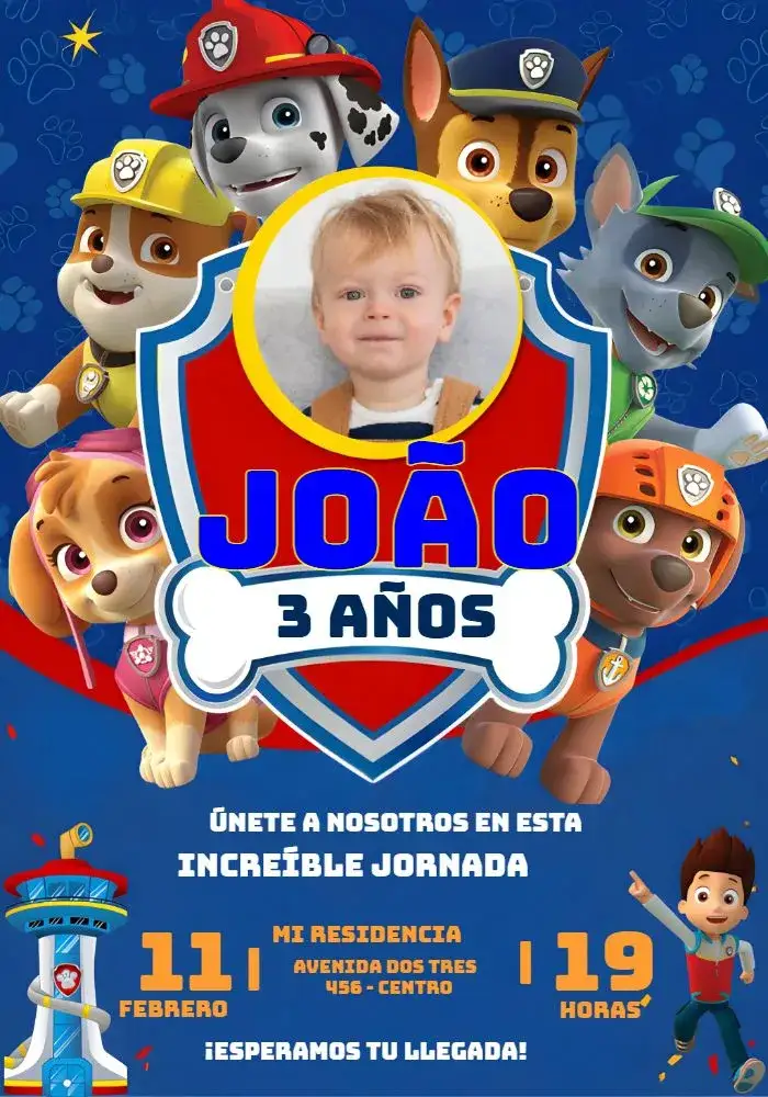 Invitación Patrulla Canina Con Foto Patrol – tema Cumpleaños Infantil azul, divertido, temático, moderno, colorido