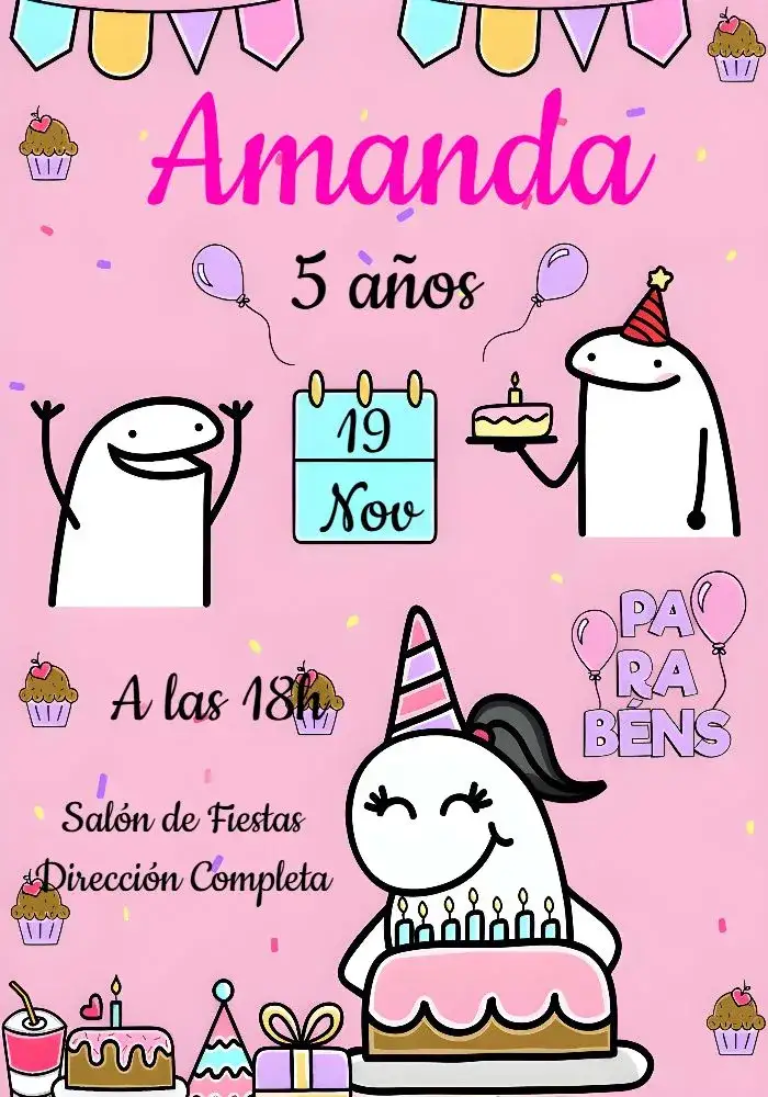 Invitación Flork Bentô – tema Más buscados rosa, blanco, infantil, colorido, divertido, moderno