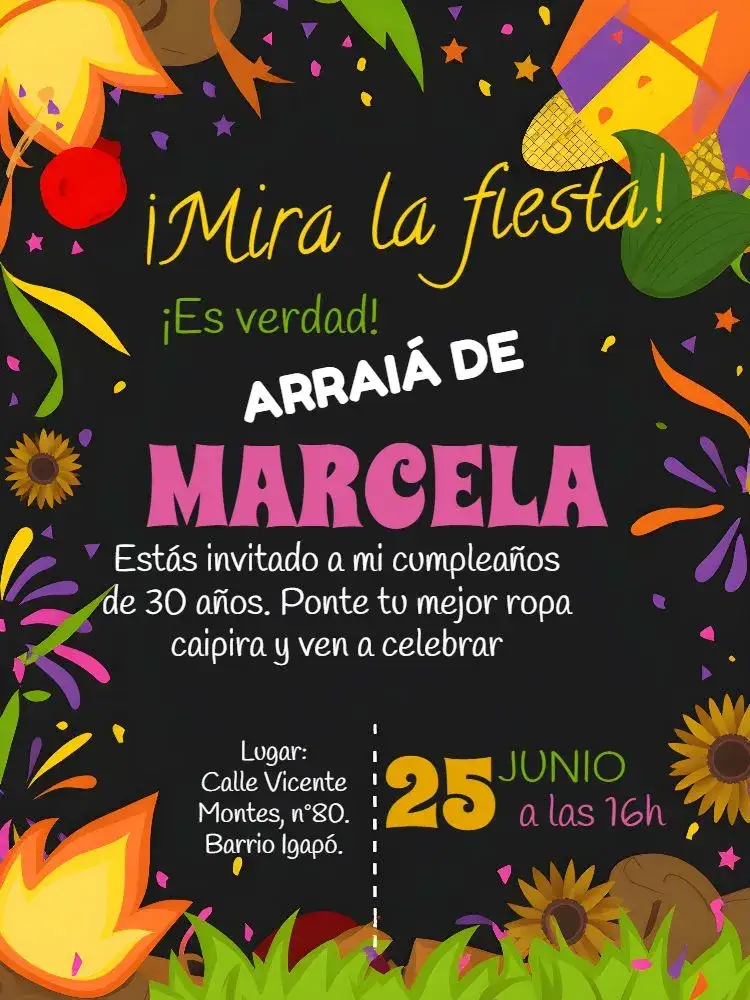 Invitación Fiesta Junina Arraiá Correio – tema Fechas Conmemorativas colorido, rústico, tradicional, festivo, elegante