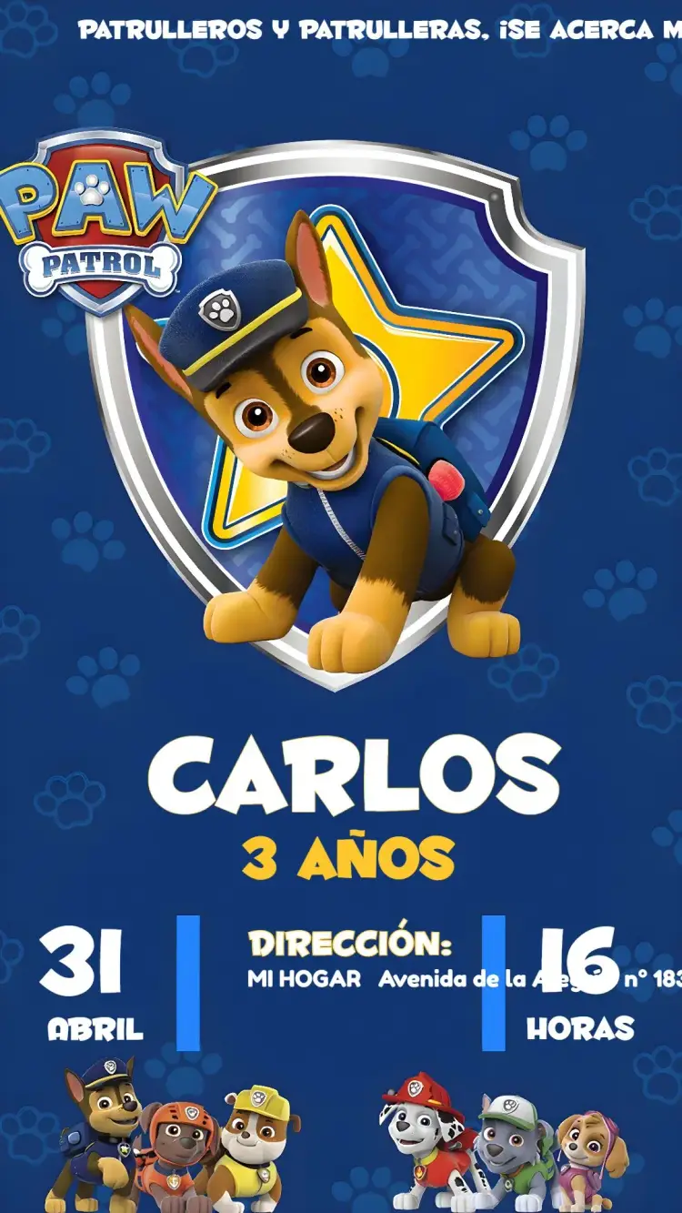 Invitación Patrulla Canina Chase Zuma editable y personalizable