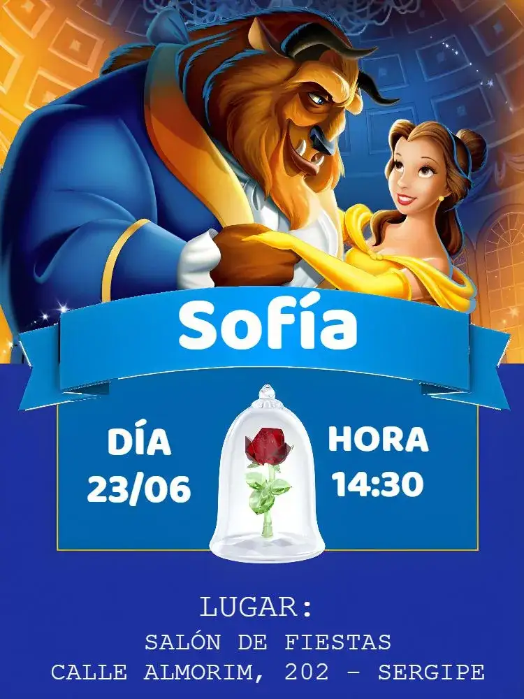 Invitación La Bella y la Bestia Azul – tema Bautismo azul suave, elementos de cuento de hadas, detalles en dorado, diseño infantil, ilustraciones encantadoras