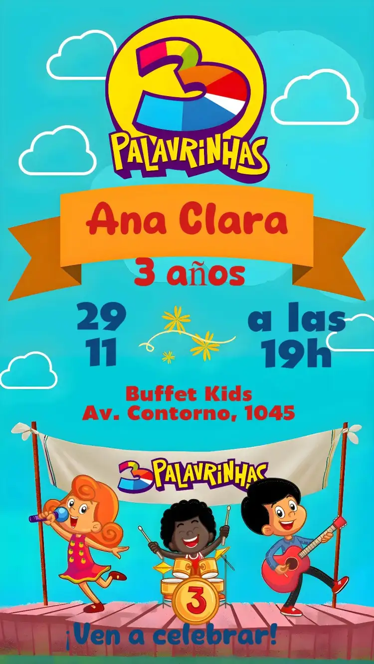 Invitación 3 Palabritas – tema Cumpleaños Infantil colorido, divertido, ilustraciones infantiles, juegos, temático, alegre
