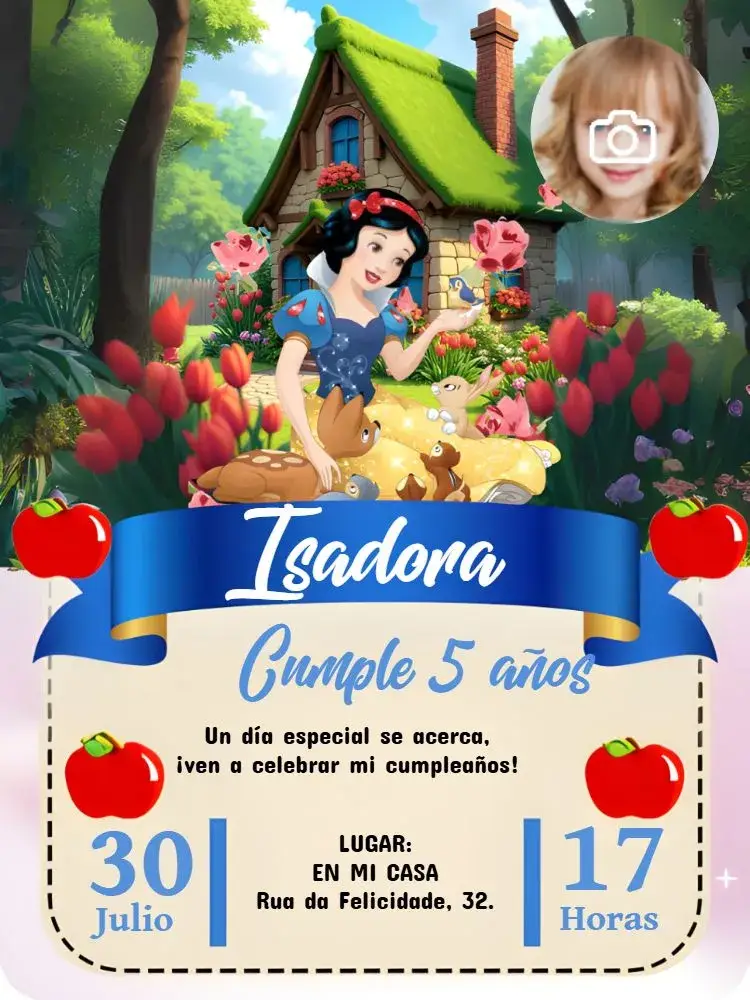 Invitación Blanca Nieves Con Foto Niña editable y personalizable
