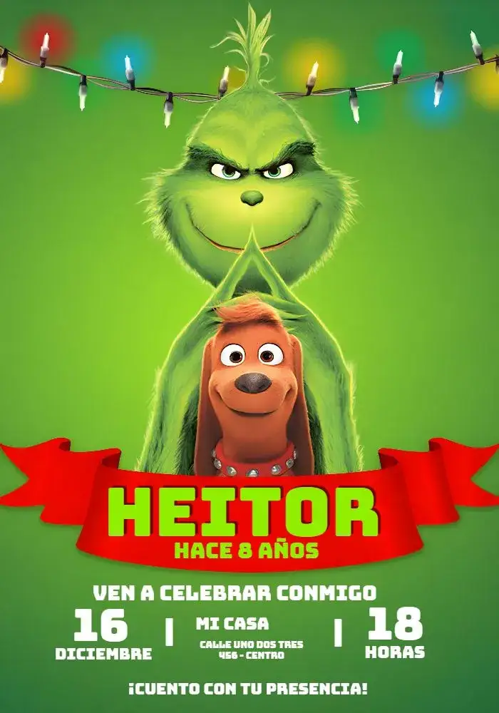 Invitación Grinch Navidad – tema Fechas Conmemorativas divertido, colorido, temático de Navidad, para niños, ilustraciones del Grinch