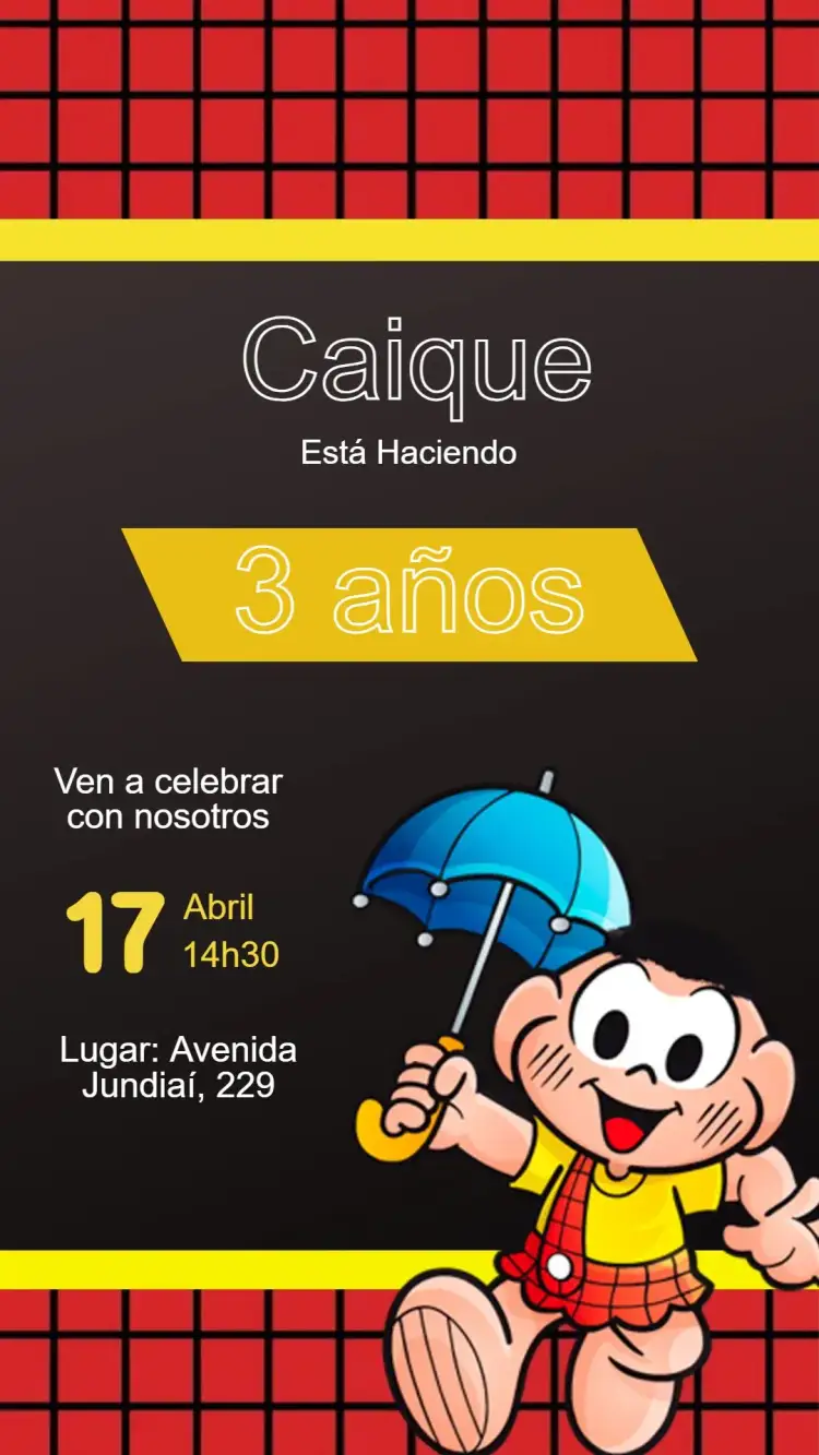 Invitación Invitación Cascão Turma da Mônica - Fiesta Infantil Editable – tema Cumpleaños Infantil colorido, divertido, infantil, personajes de Mónica, ilustraciones alegres, diseño moderno