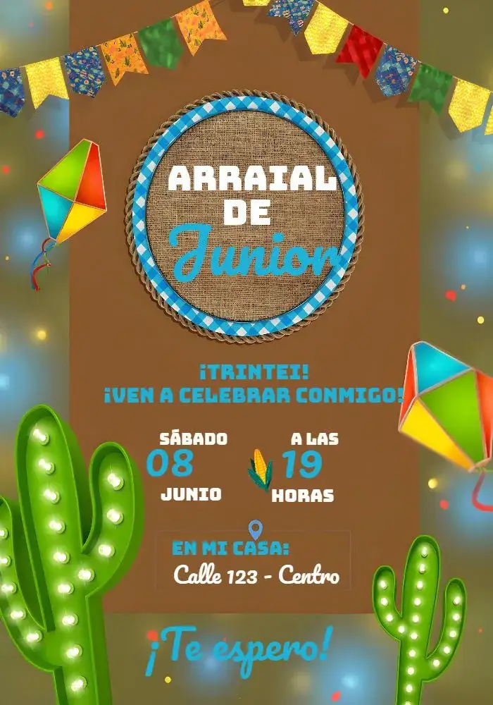 Invitación Arraial Fiesta Junina Amarillo – tema Fechas Conmemorativas colorido, vibrante, caipira, festivo, tradicional