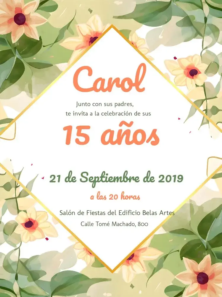 Invitación Floral - 15 Años Naranja