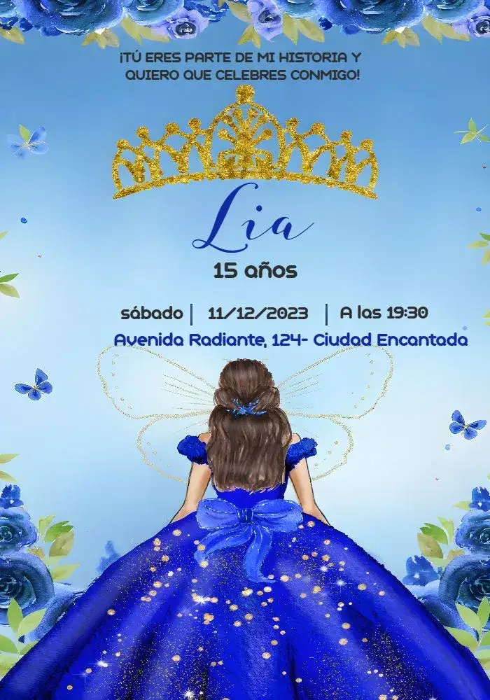 Invitación 15 Años Princesa Brillo Mariposa – tema 15 años brillantina, azul, princesa, mariposa, femenino, festivo