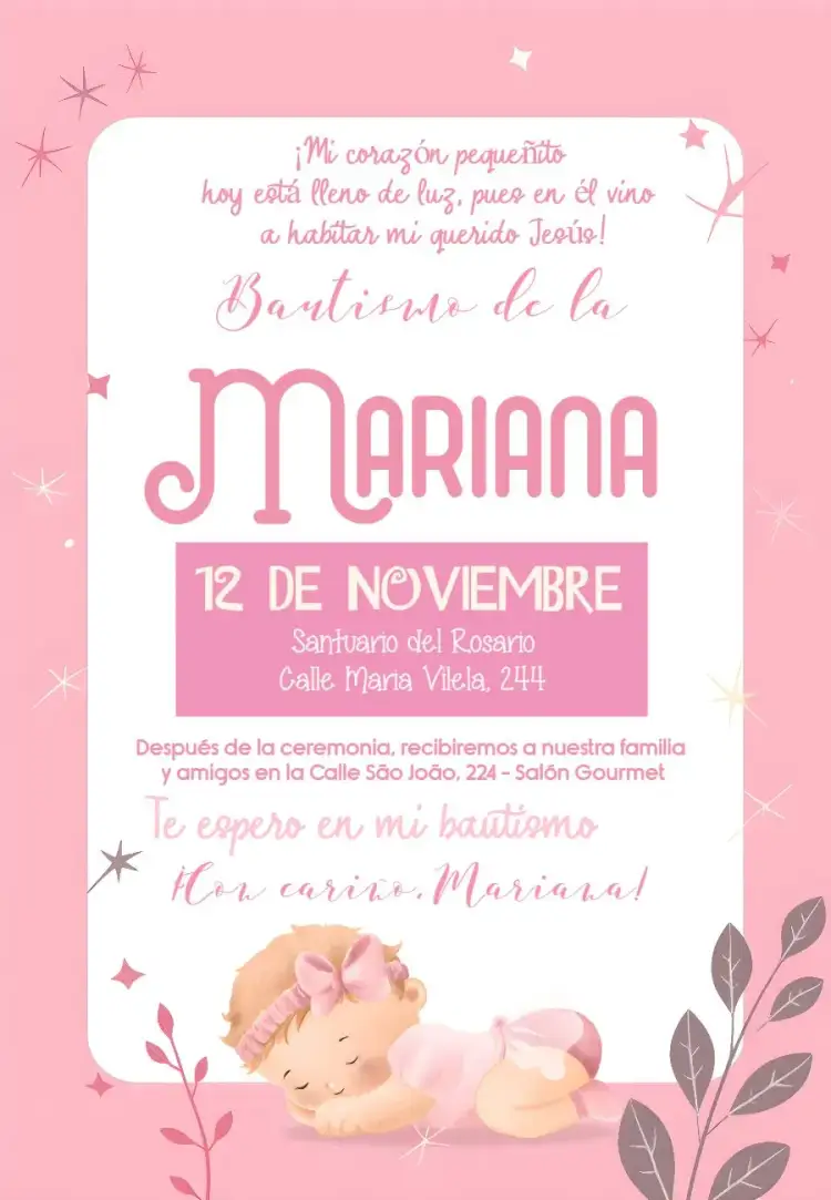 Invitación Bautizo Católico – tema Primera Comunión rosa, delicado, floral, moderno, infantil