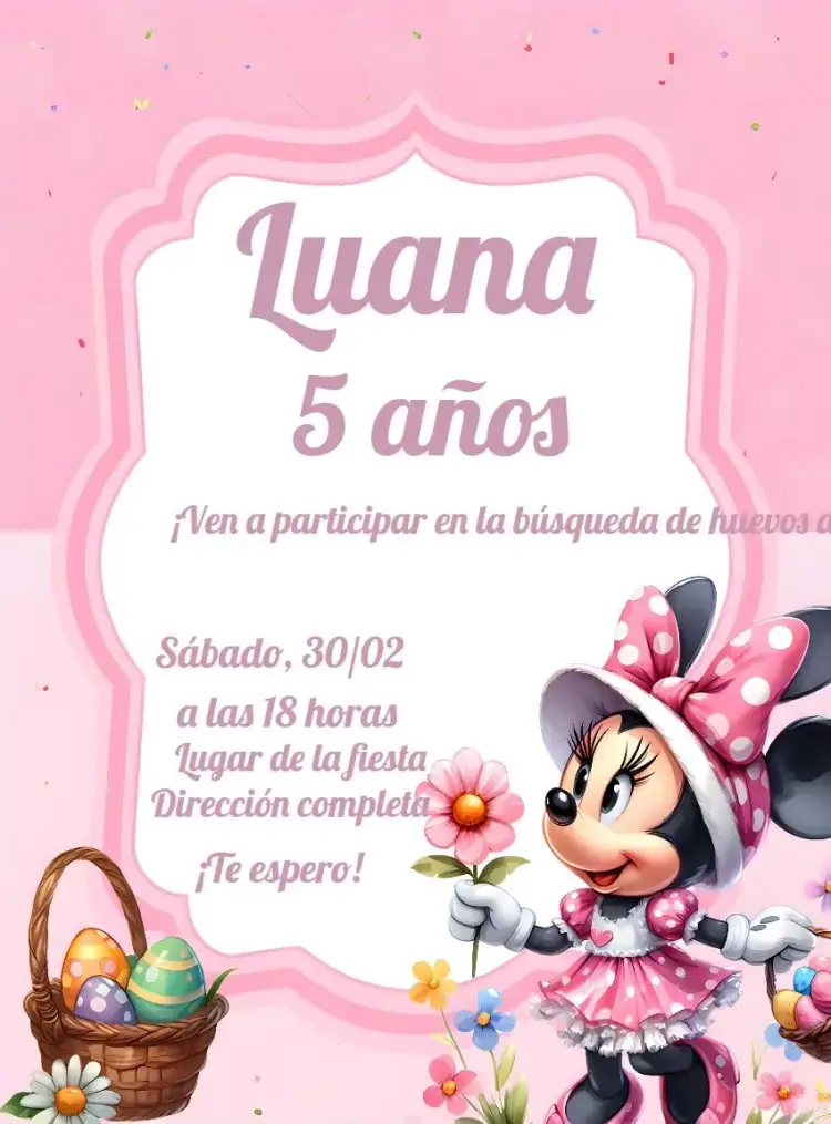 Invitación Pascua Minnie Mouse Rosa – tema Fechas Conmemorativas rosa, Disney, infantil, lúdico, festivo