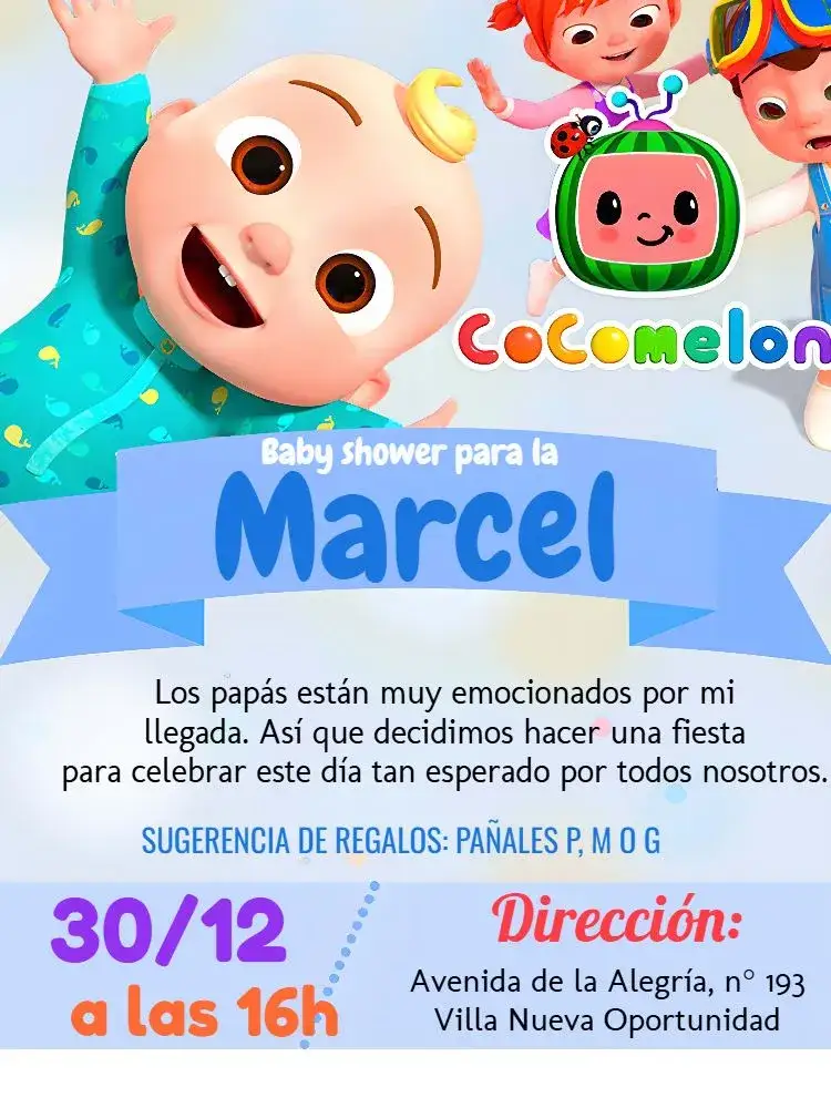 Invitación Baby Shower Cocomelon Girl – tema Baby Shower Cocomelon, colorido, divertido, infantil, gráfico lúdico, moderno