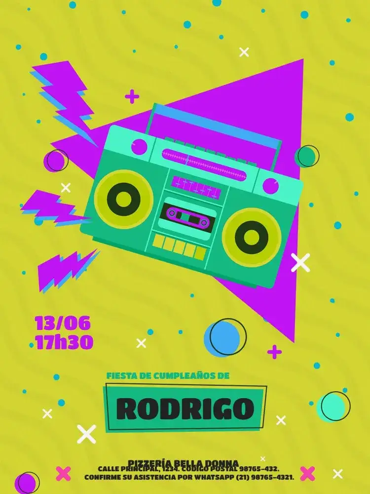 Invitación Masculino Años 80 Radio – tema Cumpleaños Infantil años 80, colorido, geométrico, vintage, moderno