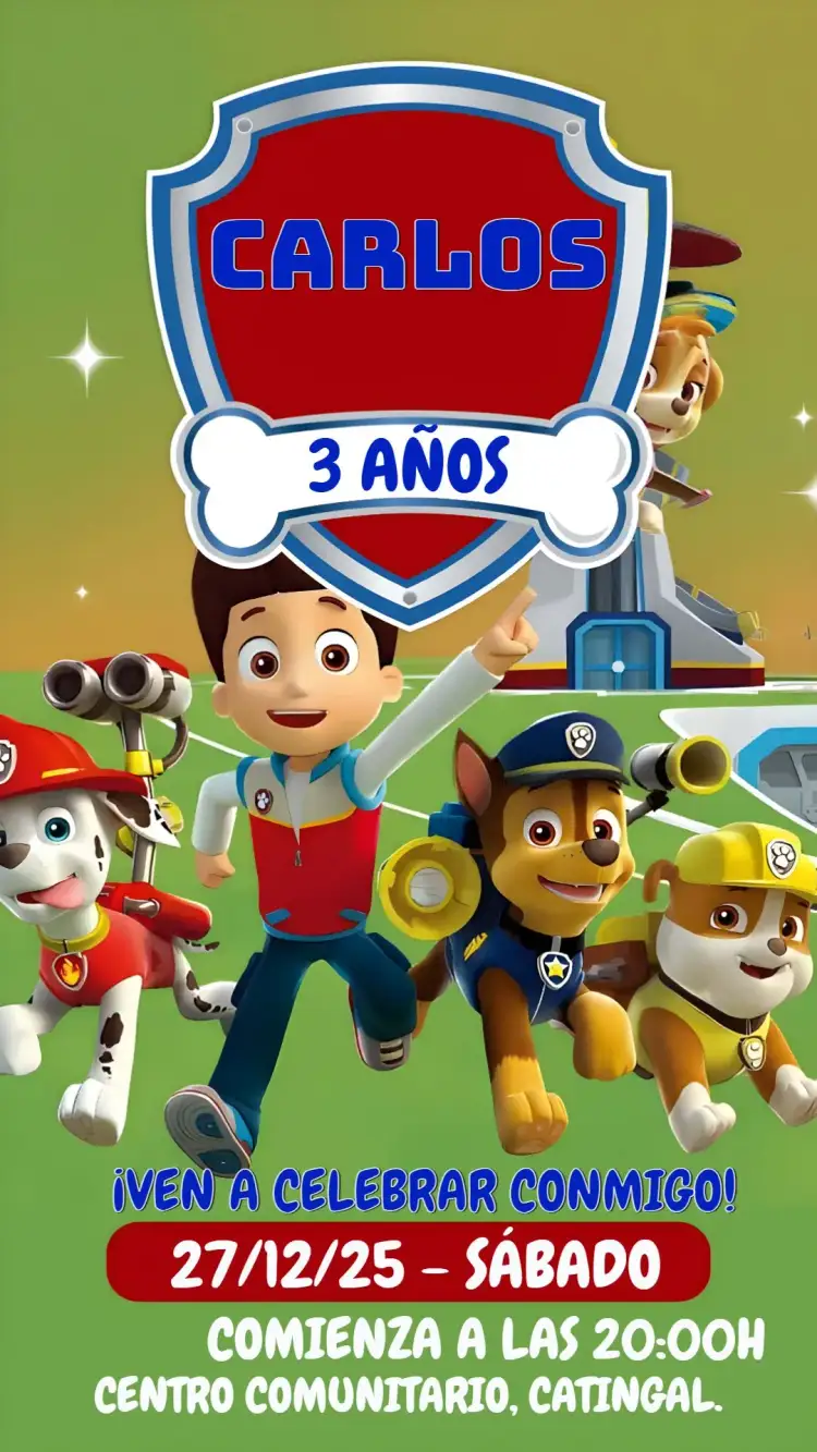 Invitación Patrulla Canina Paw – tema Cumpleaños Infantil colorido, divertido, moderno, temática canina, infantil, ilustraciones animadas
