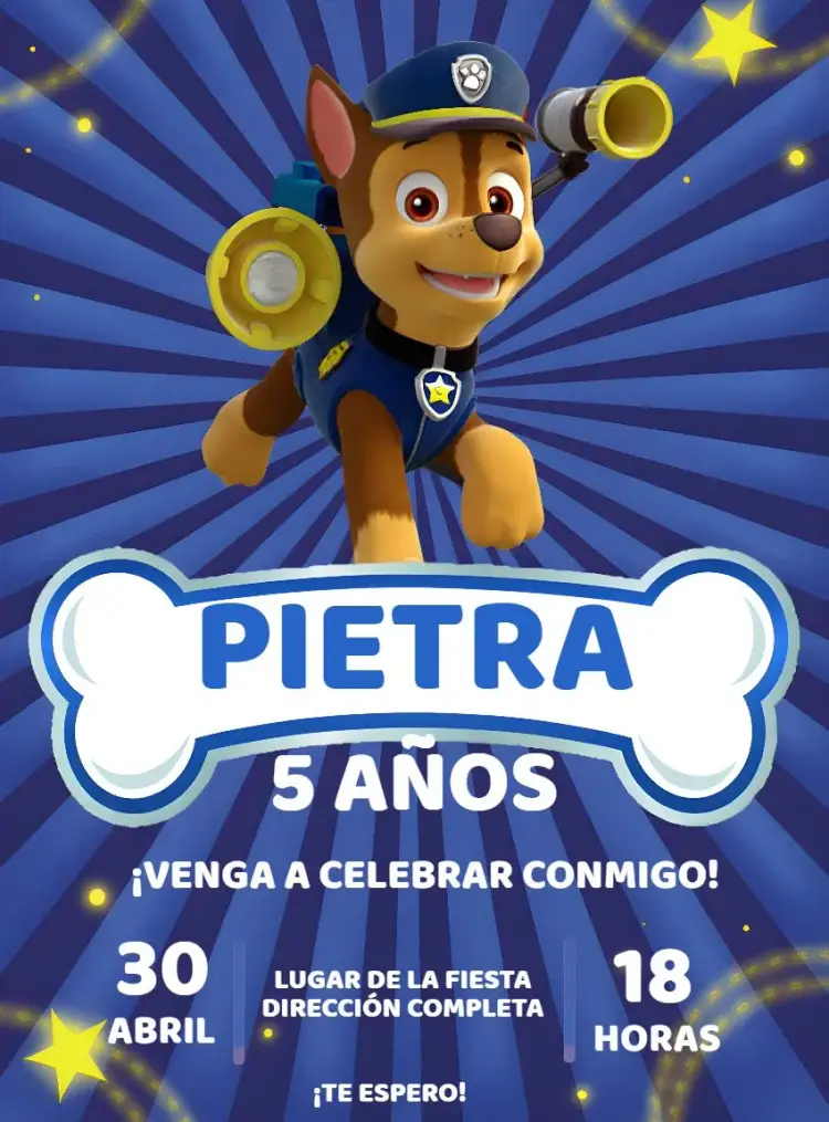 Invitación Patrulla Canina Chase Gris editable y personalizable