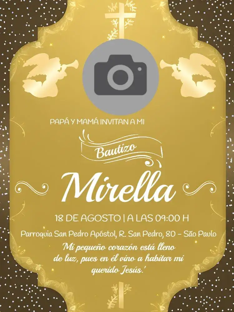Invitación Bautizo Con Foto de Ángel – tema Bautismo dorado, brillantina, ángeles, clásico, elegante, moderno