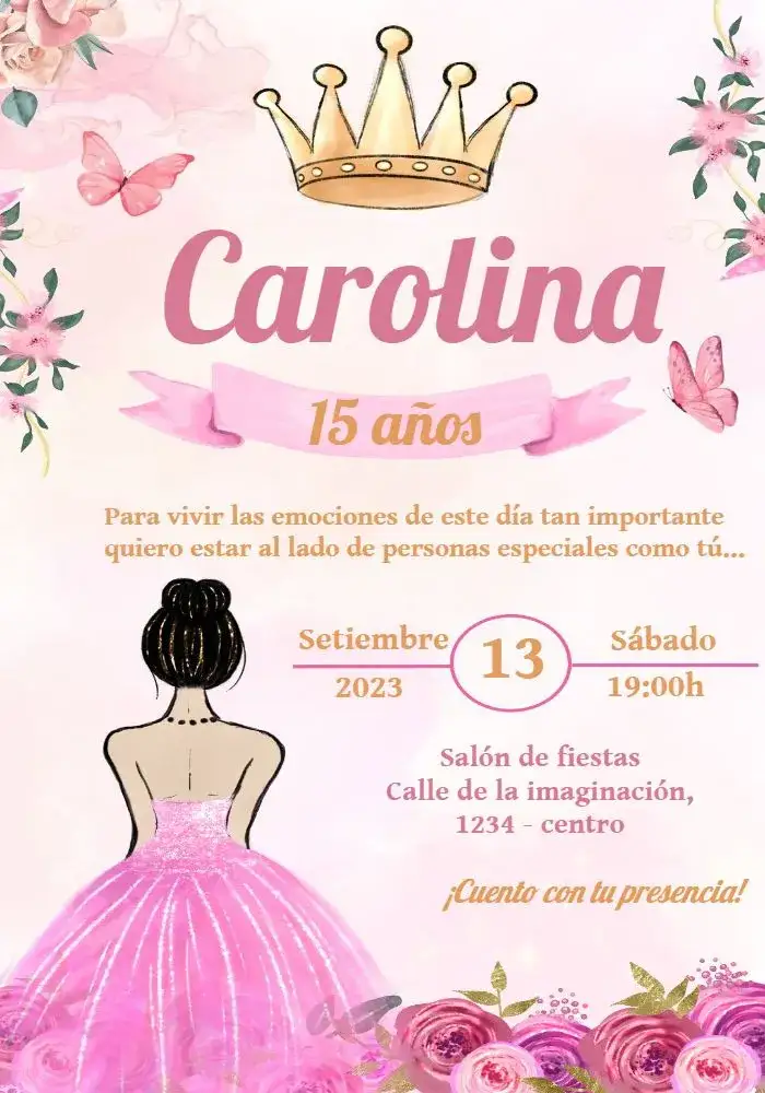 Invitación 15 Años Princesa Realeza – tema 15 años rosa, floral, princesa, realeza, elegante, romântico