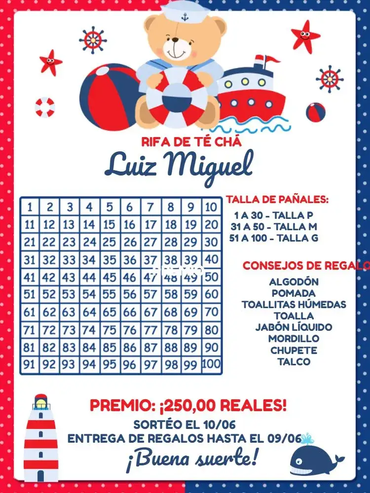 Invitación Té Rifa Osito Marinero Azul – tema Té Rifa marinero, azul, infantil, tierno, colorido