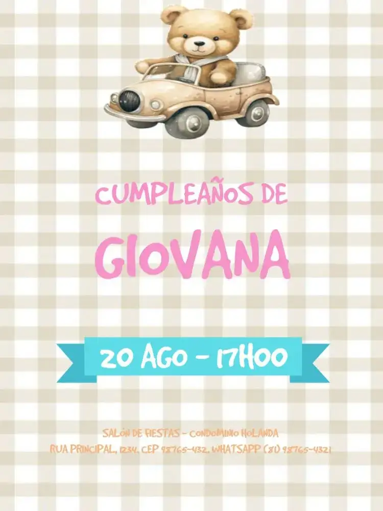 Invitación Oso en Coche Para Editar Fiesta – tema Cumpleaños Infantil rosa, lúdico, divertido, colorido, infantil, ursinho