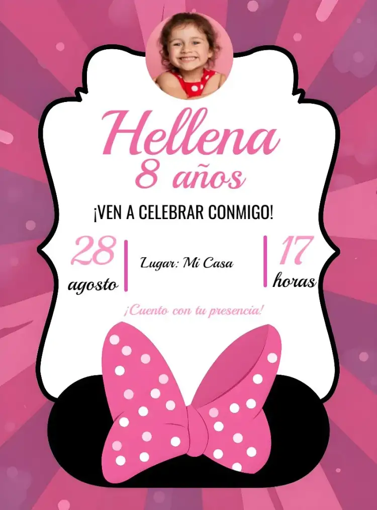 Invitación Minnie Mouse Blanco – tema Más buscados colores pastel, estilo lúdico, elementos gráficos de Disney, diseño divertido, temática de personajes, toques modernos