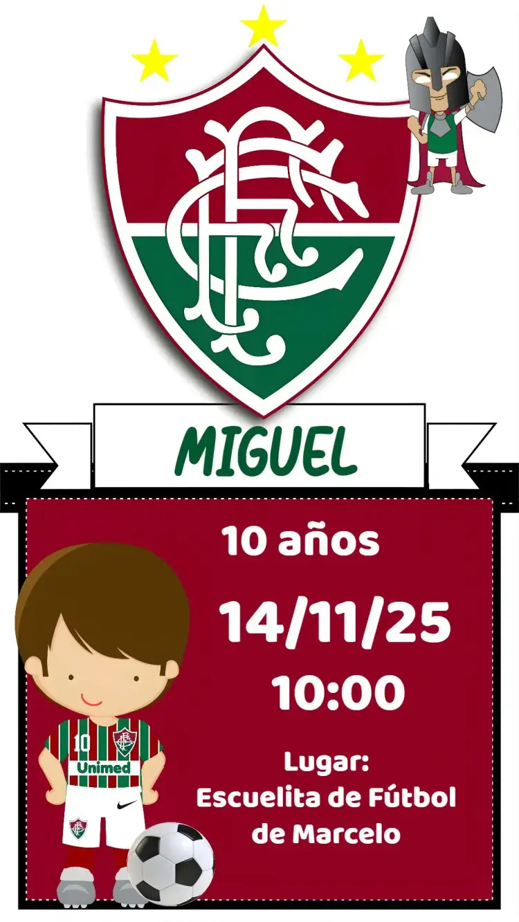 Invitación Fluminense – tema Cumpleaños colores vibrantes, estilo deportivo, elementos gráficos de fútbol, diseño moderno, temática carioca