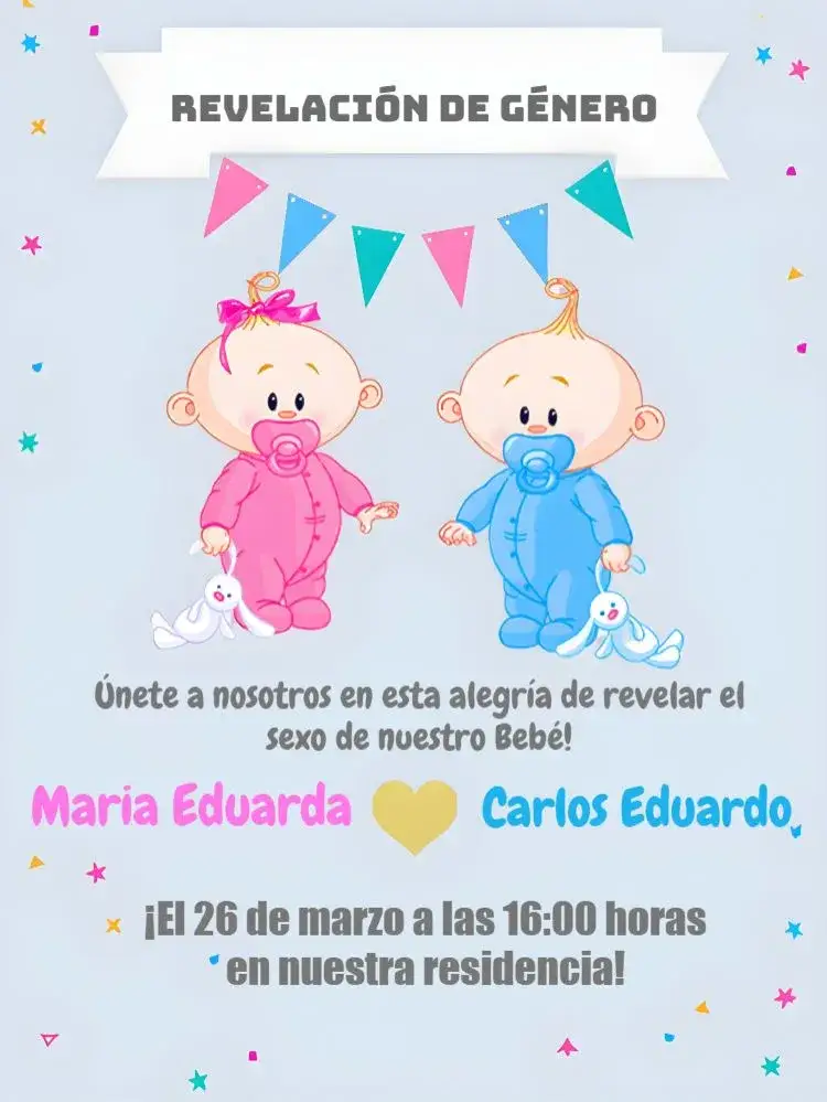 Invitación Revelación de Género Corazón de Bebés – tema Revelación Bebé moderno, delicado, colorido, festivo, alegre, minimalista