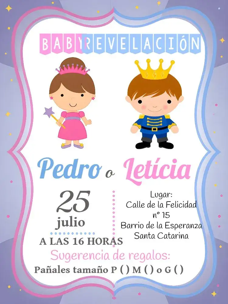 Invitación Chá de Revelación Realeza Blanco – tema Revelación Bebé realeza, blanco, azul, rosa, delicado, elegante