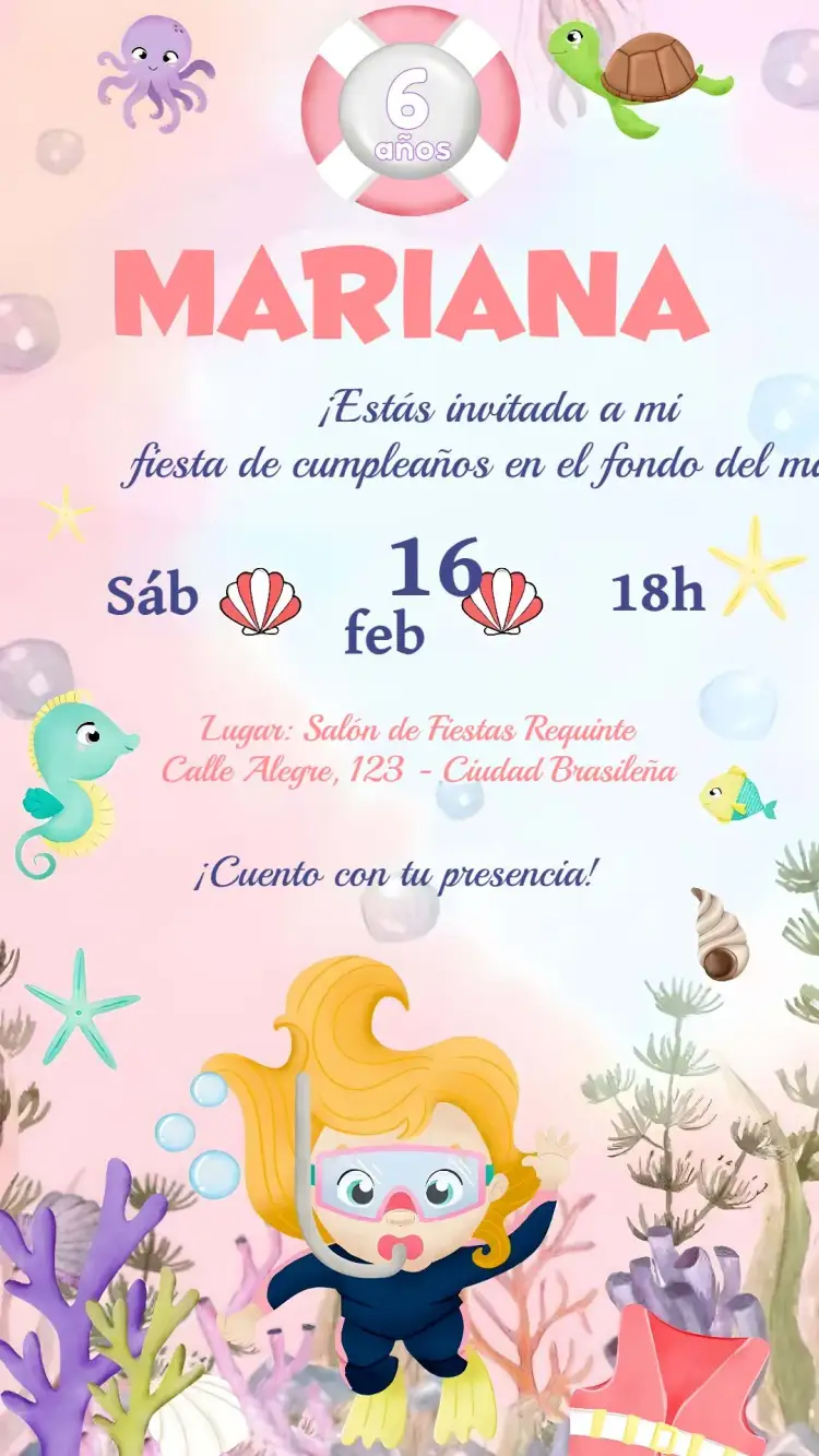 Invitación Fondo Del Mar Rosa – tema Cumpleaños Infantil fondo marino, delicado, rosa, lila, temática infantil, marítimo