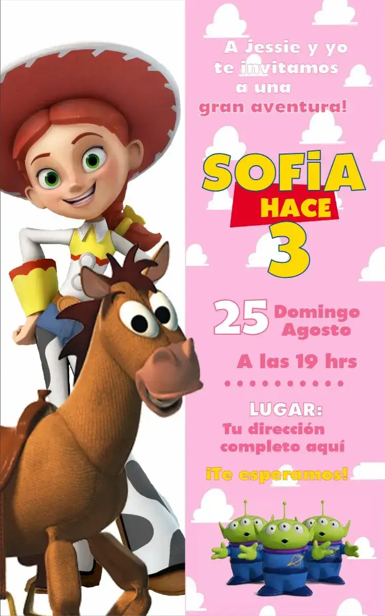 Invitación Jessie 2 – tema Cumpleaños colorido, divertido, infantil, ilustraciones lúdicas, estilo cartoon, fiesta temática